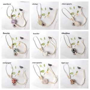 Detailed grid of nine handmade woven net pendants featuring diverse natural healing crystals