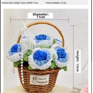Detail of handmade crochet blue and white rose flower basket with 15cm height dimensions