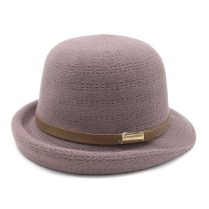 Women Bowler Bucket Hat Curled Brim Viscose Polyester Nylon Blend Retro Style With Faux Leather Belt Gold Buckle