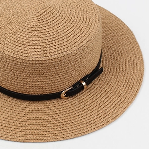 Flat top straw boater hat with black leather band and golden buckle for summer sun protection