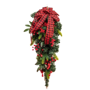 60cm PE pine needle Christmas teardrop swag with red berries and plaid bow decor