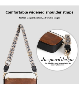 Detail of detachable jacquard shoulder strap with golden metal hooks on a tricolor bag