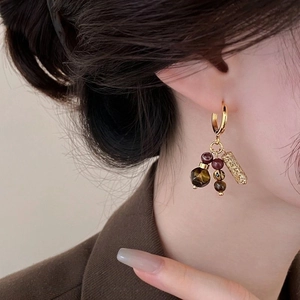 Tiger eye stone puppy tassel hoop earrings with gold plating and vintage aesthetic style