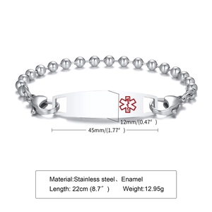 Bracciale medico in acciaio inossidabile con simbolo di emergenza rosso smaltato