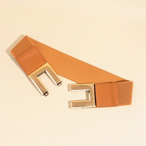 Brown elastic wide waist belt with a polished gold rectangular buckle on beige background