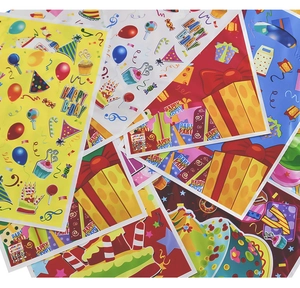 Detailed view of colorful cartoon birthday stickers with cake, balloon and gift patterns