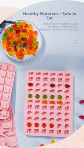 Pink food-grade silicone molds in fruit and animal shapes for DIY gummy and candy making