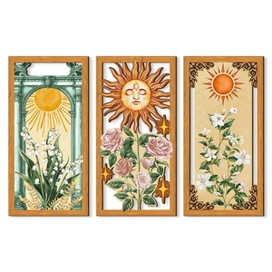 Set of 3 Bohemian wooden wall art plaques featuring celestial sun and floral nature themes