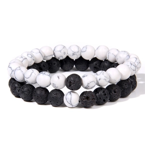 Double-layered beaded bracelet set with black lava rock and white turquoise for men