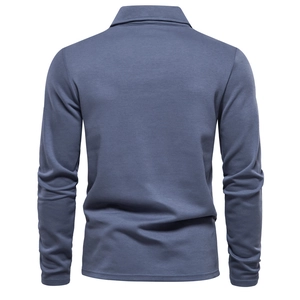 Back view of blue-gray long-sleeved polo shirt with breathable piqué fabric texture
