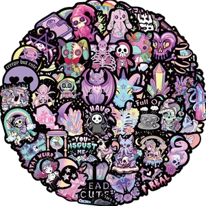 Set of 56 cartoon pastel goth stickers with purple and black creepy cute patterns