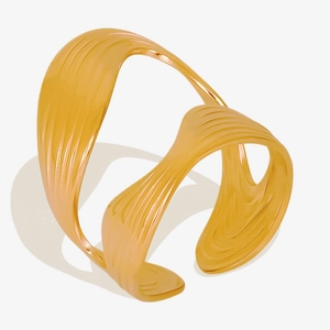 18k gold plated double layer S-shaped open ring with wavy texture for women