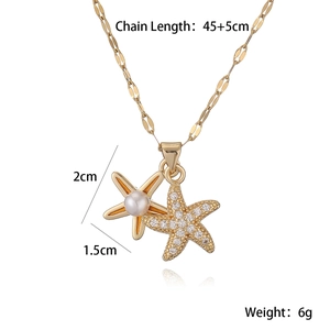 Gold 18K plated starfish pendant necklace with zircon and pearl, 45+5cm adjustable chain