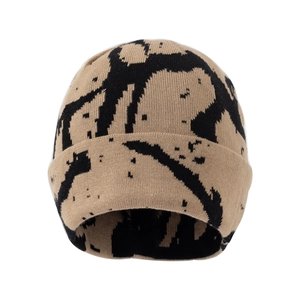 Winter khaki knitted beanie with black ink pattern and fleece lining for warmth