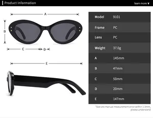 Detailed size chart for Model 9101 sunglasses featuring frame and lens dimensions