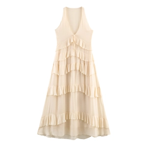 Vestito Maxi Da Donna Scollo A V Profondo Volant Sovrapposti Senza Maniche Chiffon Bohemien Elegante Vita Alta