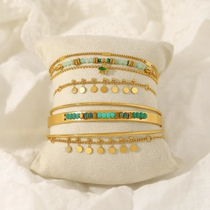Bohemian gold chain bracelet set with green natural stone beads and charms