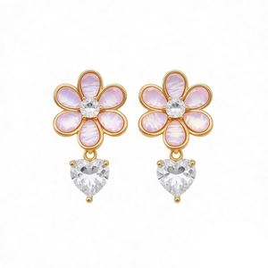 Pink resin flower heart earrings with gold base and zircon crystals for women