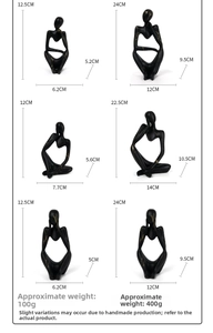 Size chart showing dimensions and weight for various abstract thinker statues in two sizes