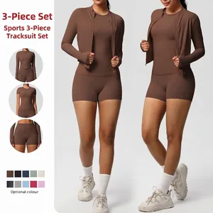 Femmes Sportif Gratté Nylon Élasthanne Top And Bottom Manches Longues Veste Zippée T-Shirt Shorts Respirant Yoga Vêtements De Sport