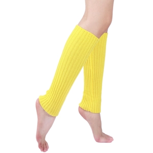 Detail of bright yellow knit leg warmers with stretch texture for winter boots