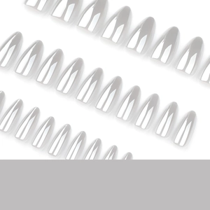 Glossy white almond press-on nails set with metallic finish on white background
