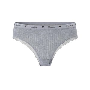 Light gray cotton thong for women with lace trim and ribbed texture on white background