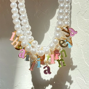Alphabet Initial Pendant Necklace Gold Plated Stainless Steel Synthetic Artificial Pearl Colorful Enamel Vintage Dainty Women
