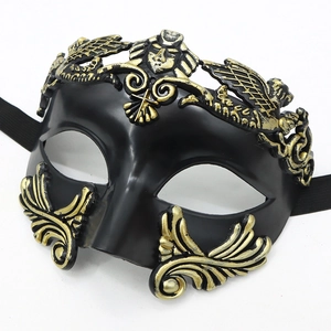 Vintage Roman warrior half face mask in black and gold for Venetian masquerade balls
