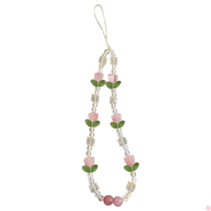 Pink tulip flower beaded phone charm strap with clear square beads on white background