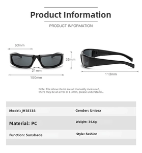 Detailed views of Y2K futuristic wrap around sunglasses with black frames and PC lenses