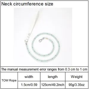 Detailed size chart for pet tow rope showing neck size, width, and length dimensions