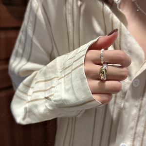 S925 sterling silver pearl beaded ring and two-tone wide band ring worn together