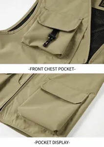 Detail of khaki tactical vest featuring functional chest pockets and breathable mesh lining