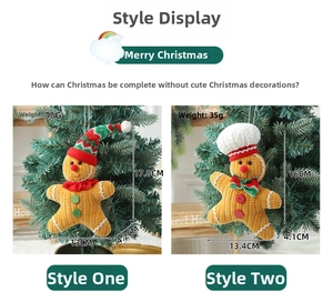 Close-up of handmade gingerbread man plush pendants with festive knitted hats and scarves