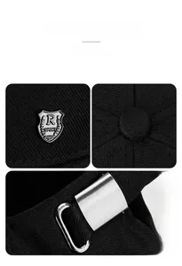 Detail of adjustable silver buckle and R-Sport metal logo on black cotton baseball cap