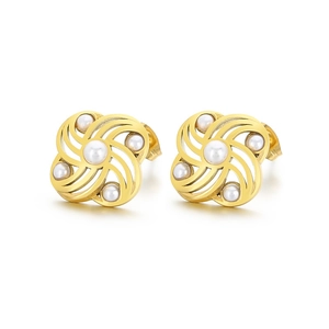 18K gold flower stud earrings featuring shell pearls in a hollow spiral design