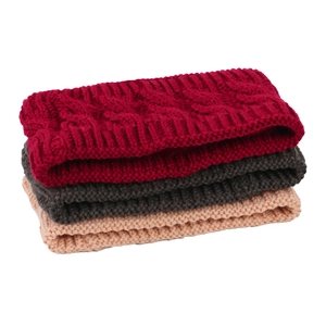 Three-pack knit headbands in red, dark grey, and beige showing cable knit texture
