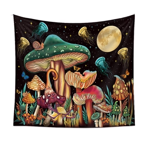 Arazzo psichedelico con funghi e meduse con luna per decorazione murale estetica