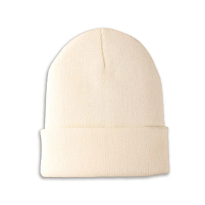 Detailed view of the ribbed knit texture and folded cuff on this cream white beanie hat