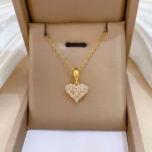 Herz Anhänger Halskette Vergoldete Edelstahlkette Kupfer Zirkonia Eleganter Schmuck Für Damen