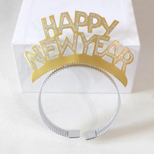 Golden and silver Happy New Year foil headband decoration for 2025 party celebrations