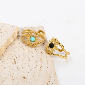 Gold bohemian evil eye open rings with turquoise and black beads on stone decor
