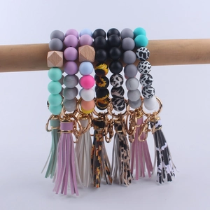 Silicone bead keychain bracelet with PU leather tassel and mixed pattern beads