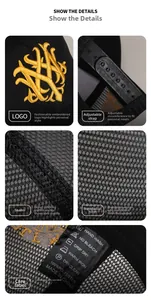 Detailansicht der schwarzen Mesh-Baseballkappe mit Goldstickerei und Kunststoff-Verstellriemen