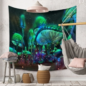 Close-up of psychedelic mushroom tapestry with fluorescent colors on white textured wall