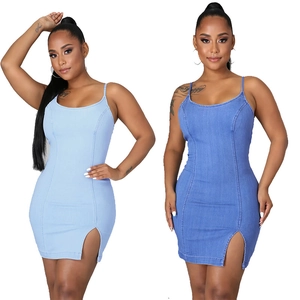 Robe Courte Moulante En Jean Sexy Pour Femmes Bretelles Spaghetti Haute Élasticité Fermeture Éclair Dos Fente Latérale