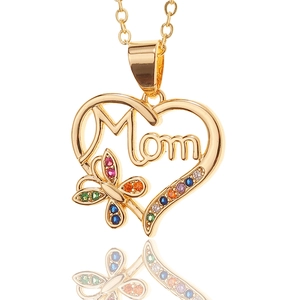 Golden heart necklace with MOM lettering and colorful zircon butterfly pendant