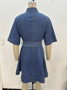 Rückansicht eines kurzärmeligen blauen Jeanskleids mit breitem Gürtel und vertikalen Nähten