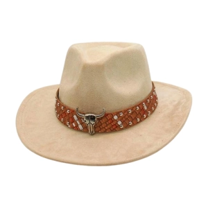 Classic sand brown suede western cowboy hat with woven band and metal bull skull ornament